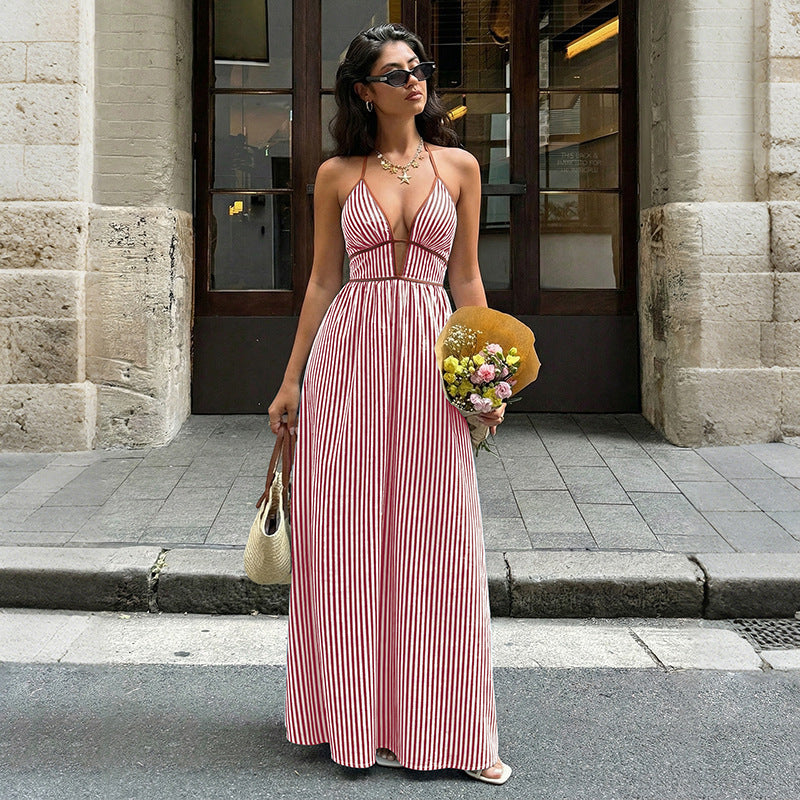 Summer V neck Striped Holiday Dress Elegant Backless Sleeveless Halter Maxi Dress Women  DestGlow