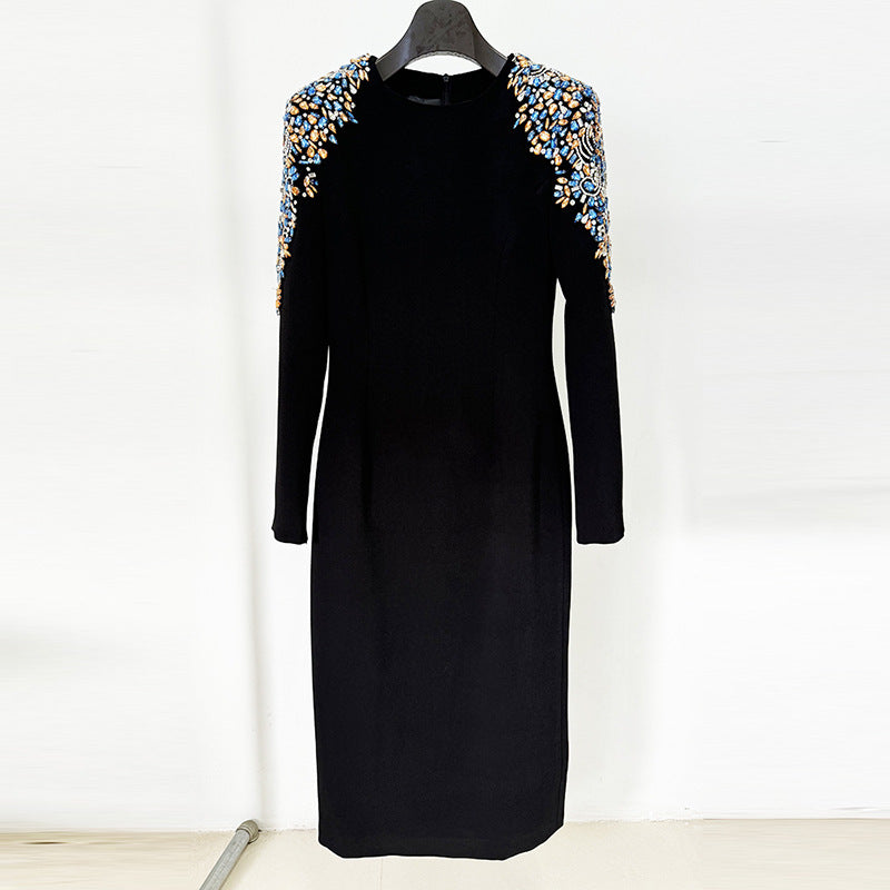 Autumn Winter Star Heavy Industry Beads Diamond Embedded Long Sleeve Mid Length Dress by Ragazza