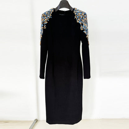 Autumn Winter Star Heavy Industry Beads Diamond Embedded Long Sleeve Mid Length Dress by Ragazza