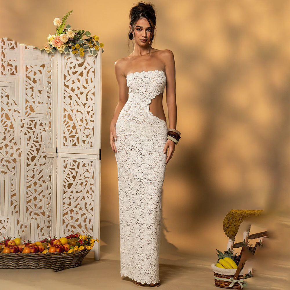 Summer Sexy Lace Hollow Out Cutout Split Women Tube Top Dress by Ragazza