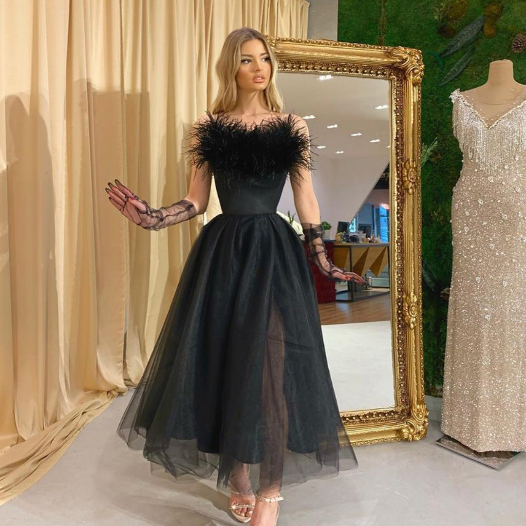 Spring Summer Women Clothing Feather Straps Tulle Elegant Evening Dress by Ragazza