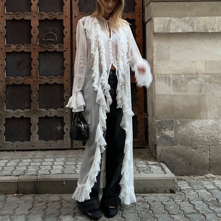 Women Clothing Design Ruffled Chiffon Dress Sexy Sheer Long Sleeve Single Breasted Sexy Dress by Ragazza