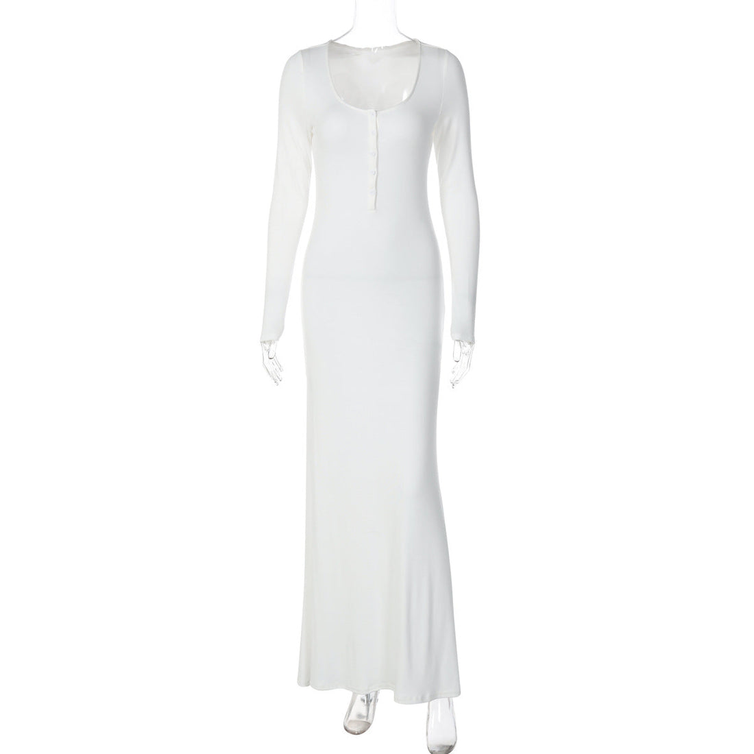 Solid Color Comfort Slim Fit Buttoned U Neck Long Sleeved Sheath Elegant Dress Women Clothing by Ragazza
