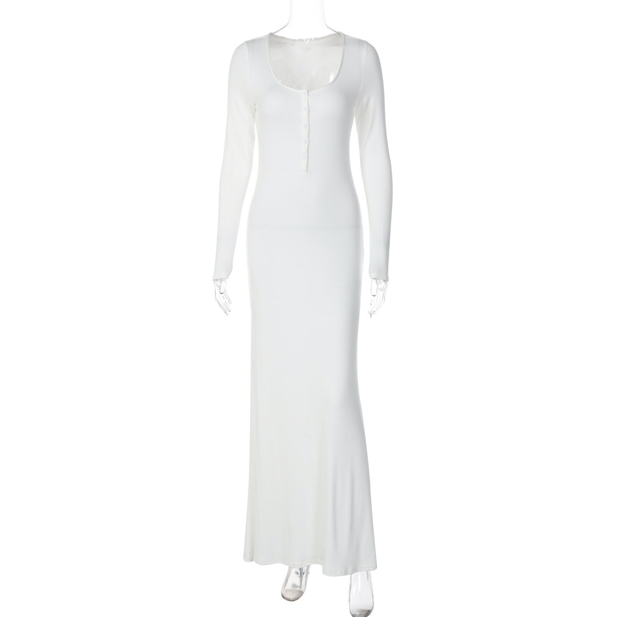 Solid Color Comfort Slim Fit Buttoned U Neck Long Sleeved Sheath Elegant Dress Women Clothing by Ragazza