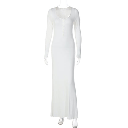 Solid Color Comfort Slim Fit Buttoned U Neck Long Sleeved Sheath Elegant Dress Women Clothing by Ragazza