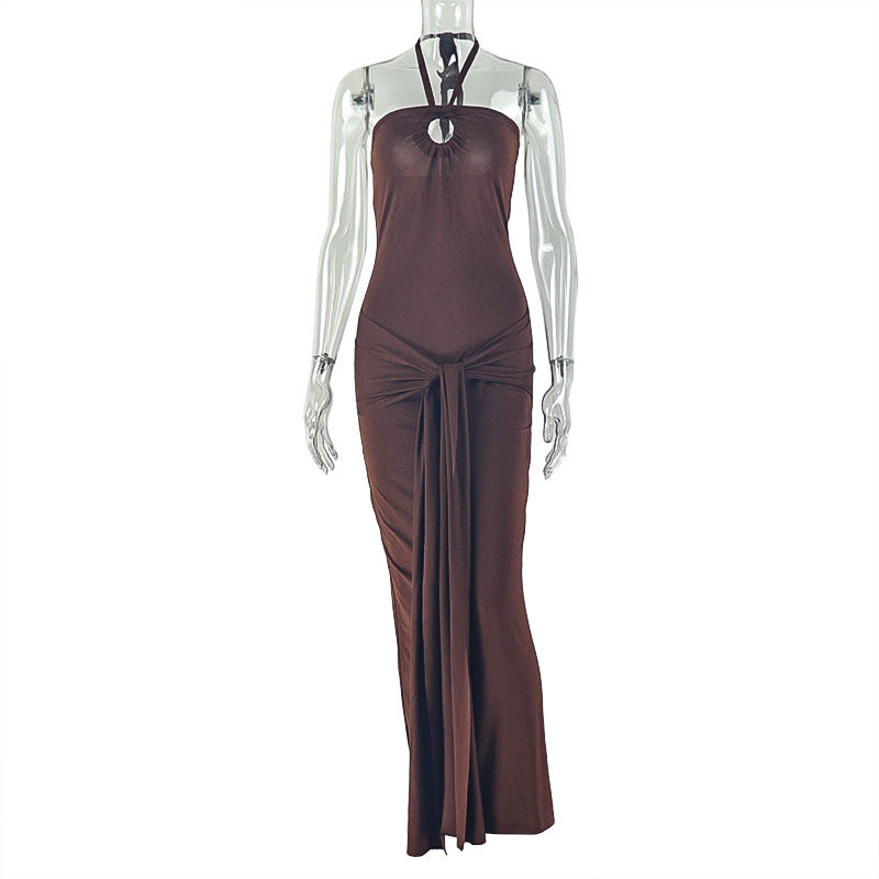 Women Clothing Lace up Pleated Slim Fit Corset Hip Hanging Collar Sleeveless Backless Solid Color Maxi Dress 