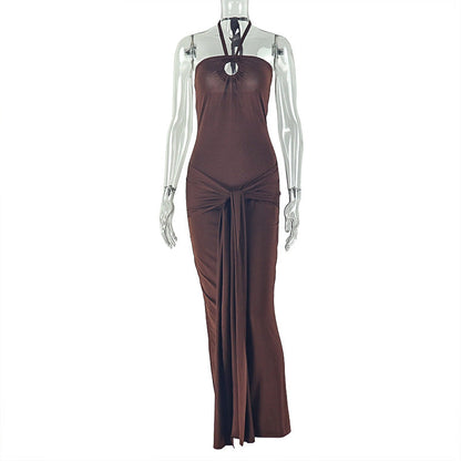 Women Clothing Lace up Pleated Slim Fit Corset Hip Hanging Collar Sleeveless Backless Solid Color Maxi Dress 