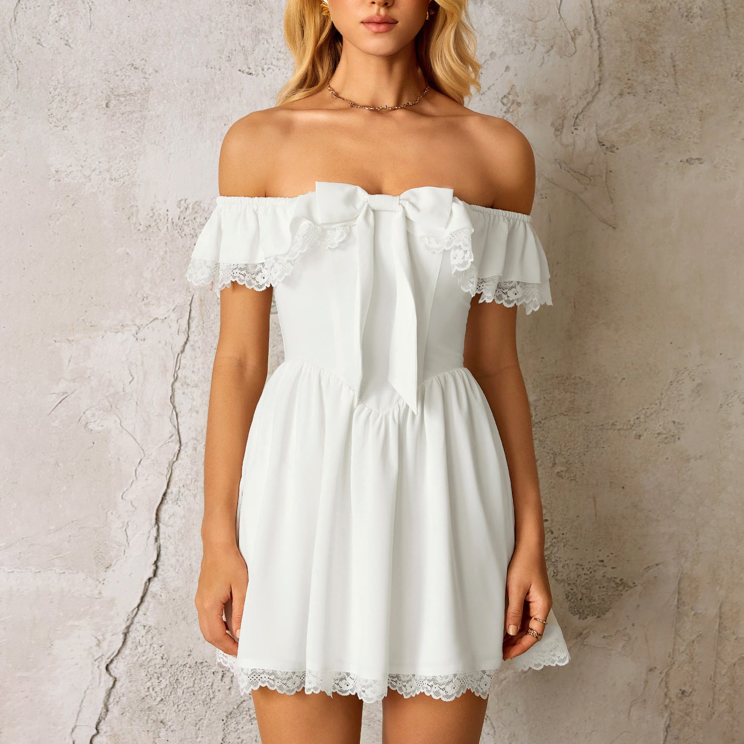 Summer Lace Splicing Sling Dress Sexy Sexy Backless off Shoulder A line Dress by Ragazza