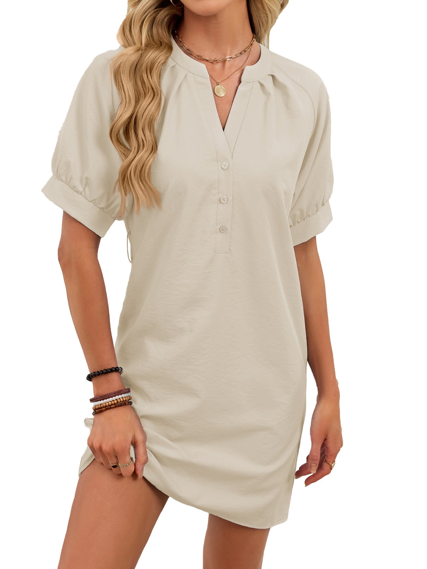 Women Clothing Spring Summer Solid Color Casual V neck Lace up Dress by Ragazza