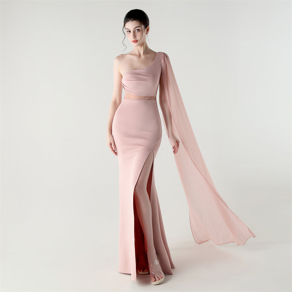 Single Shoulder Crossbody Stitching Mesh Design Satin Slim Cocktail Dress Evening Dress by Ragazza