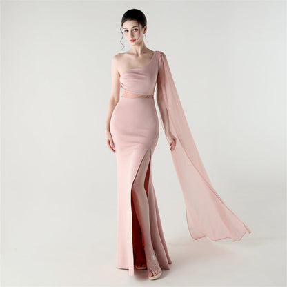 Single Shoulder Crossbody Stitching Mesh Design Satin Slim Cocktail Dress Evening Dress by Ragazza