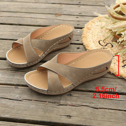 Cross Strap Open Toe Platform Slippers Women Wedge Simple Casual Beach Sandals  DestGlow