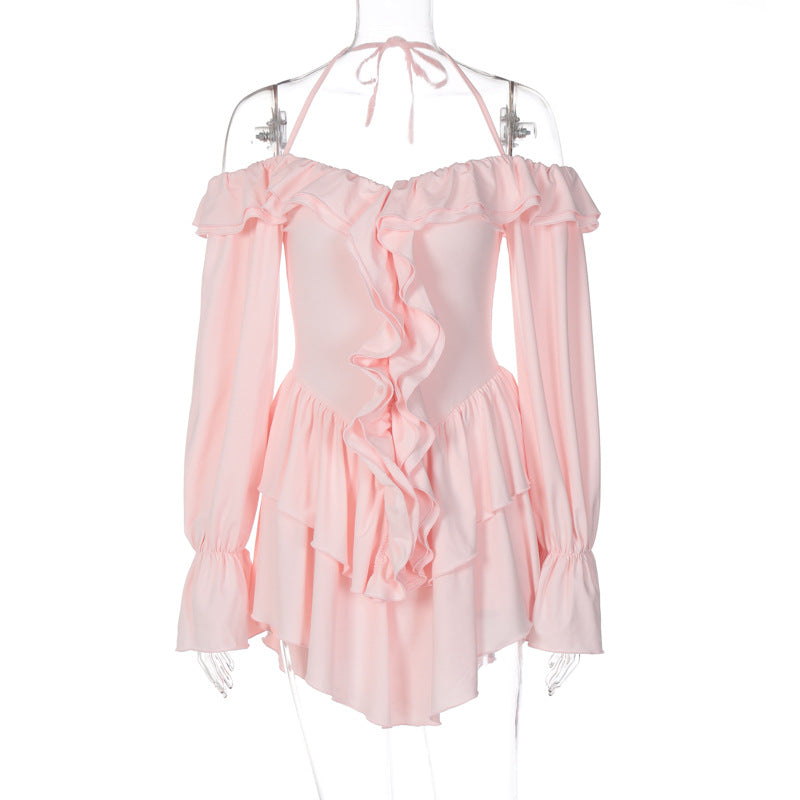 Women Clothing Autumn Sexy Halter Low Cut Ruffled Long Sleeve Romper by Ragazza