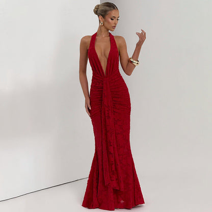 Lace Pleated Maxi Dress Women Sexy Deep V Plunge neck Backless Sheath Dress by Ragazza