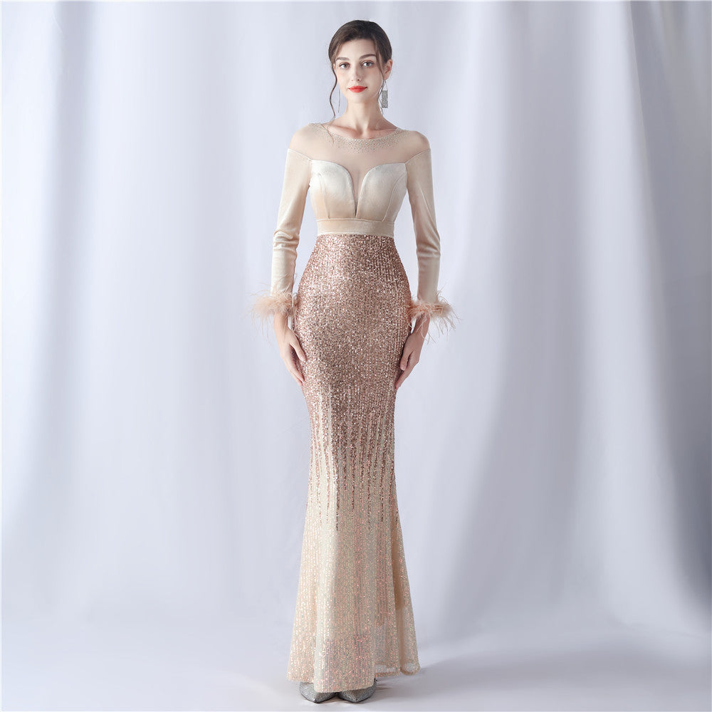 Gradient Bead Drilling Velvet High End Evening Dress by Ragazza