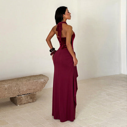Halter Sequined Elegant Dress Sexy Split Pleated Dress for Women  DestGlow