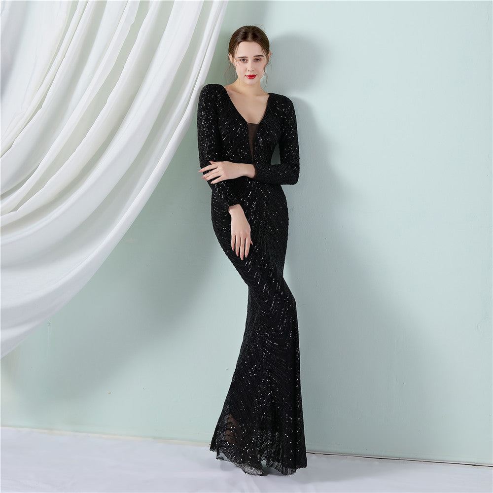 Positioning Floral Sequin Evening Dress Women Banquet Elegant Long Sleeve Sequined Queen Fishtail Dress by Ragazza