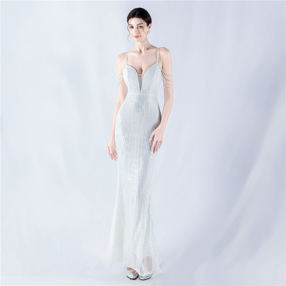 Dress Positioning Floral Sequin Craft Beaded Strap Evening Dress by Ragazza