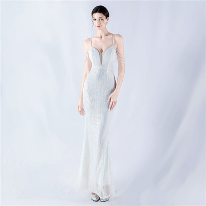 Dress Positioning Floral Sequin Craft Beaded Strap Evening Dress by Ragazza