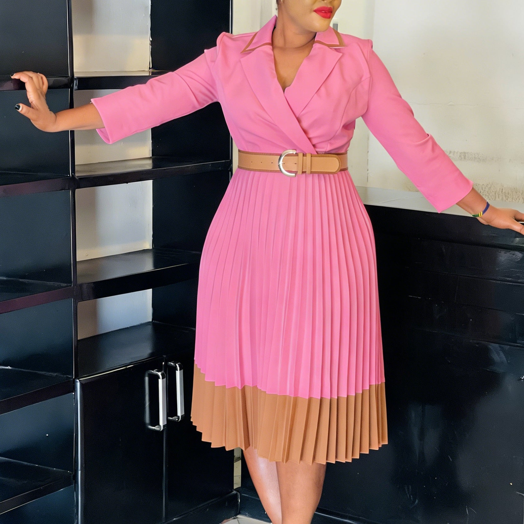 Women Clothing Winter Elegant Elegant Blazers Collar Color Matching Pleated Dress by Ragazza
