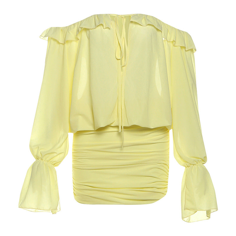 Fall Women Clothing Sexy off the Shoulder Hollow Out Cutout out Tied Solid Color Slim Hip Bag Dress by Ragazza