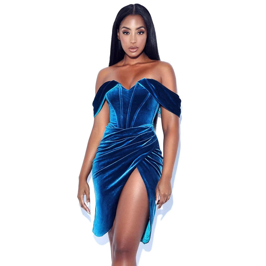 Off Shoulder Korean Velvet Boning Corset Dress Split Evening Dress Women Sexy by Ragazza
