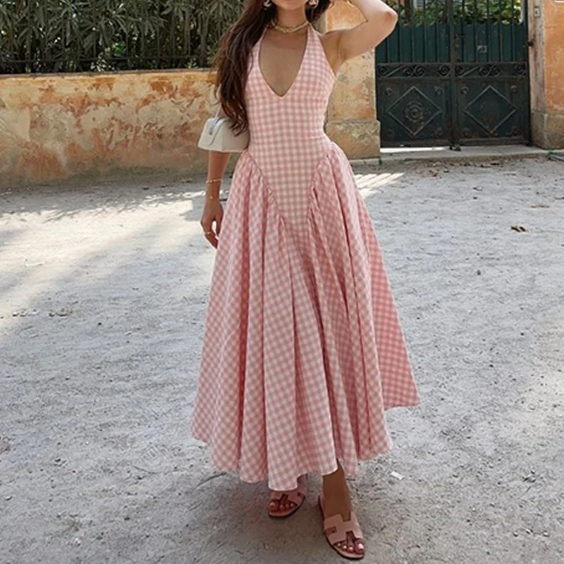 French Sweet Halter Strap Sexy V neck Backless Strap Dress by Ragazza