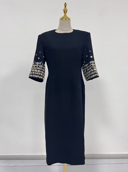 Crew Neck Sequined Short Sleeved Dress Spring High Grade Waist Slimming Beautiful Dress Women by Ragazza