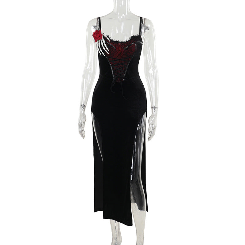 Women Clothing Autumn Halloween Dark Slightly Transparent Spider Web Smock Top Gothic Two Piece Dress Set by Ragazza