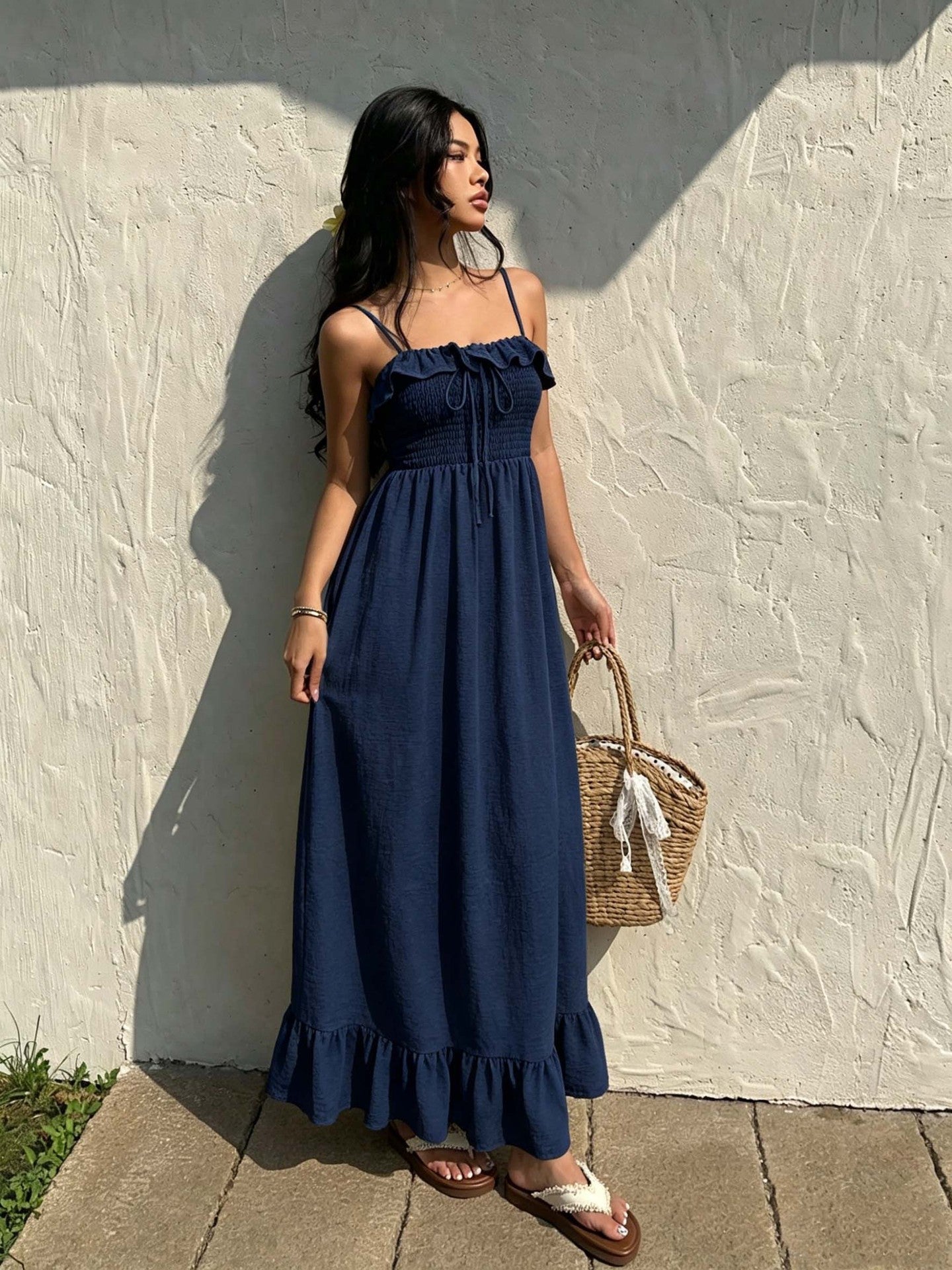 Ruffled Spaghetti Straps Dress Women Summer Tight Waist Slim Backless Long Vacation  DestGlow