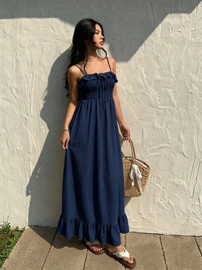 Ruffled Spaghetti Straps Dress Women Summer Tight Waist Slim Backless Long Vacation  DestGlow