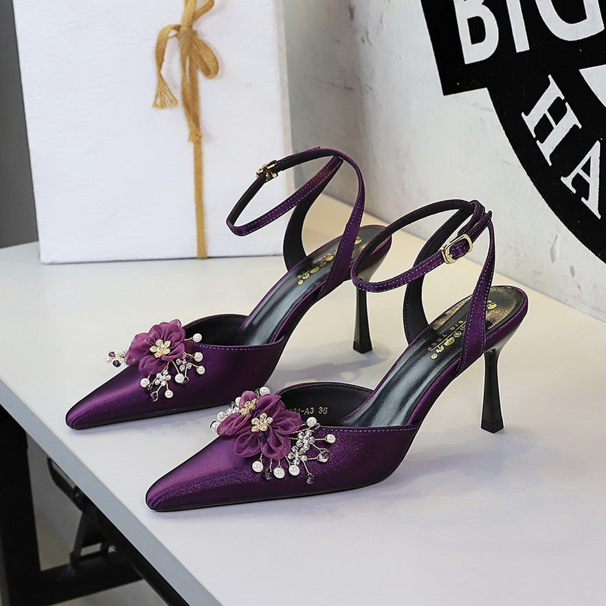Pointed Toe Strap Sandals Stiletto Heel Floral Rhinestone Women Shoes Hollow Out Cutout Satin High Heels  DestGlow