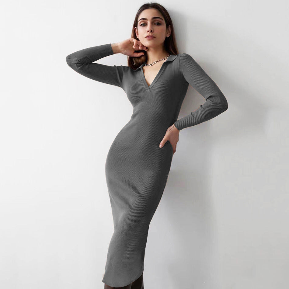 Autumn Winter Women Clothing Midi French Sexy Deep V Plunge Plunge Collared Slimming Dress by Ragazza