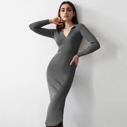 Autumn Winter Women Clothing Midi French Sexy Deep V Plunge Plunge Collared Slimming Dress by Ragazza