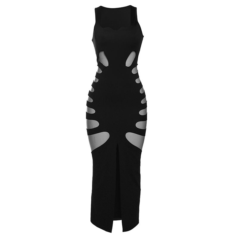 Spring Women Clothes Hollowed out Low Collar High Waist Sheath Slit Slim Fitting Maxi Dress by Ragazza