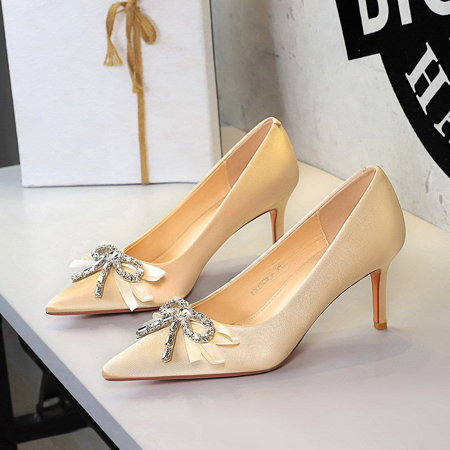French Elegant Beautiful Rhinestone Ribbon Bow Slip on Satin Stiletto High Heel Shoes Women  DestGlow
