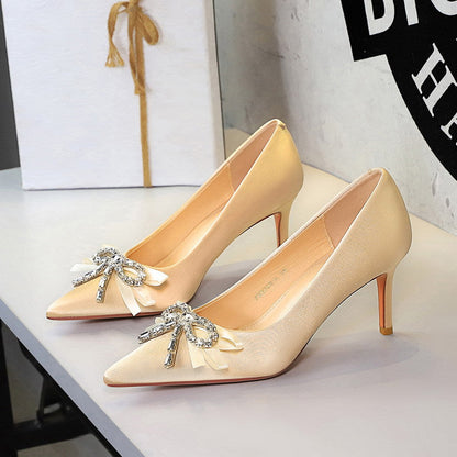 French Elegant Beautiful Rhinestone Ribbon Bow Slip on Satin Stiletto High Heel Shoes Women  DestGlow