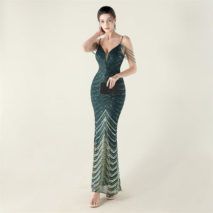 Deep V Plunge neck Wave Gradient Sequin Evening Dress Positioning Floral Cutting Craft Beaded Cocktail Battle Gown by Ragazza