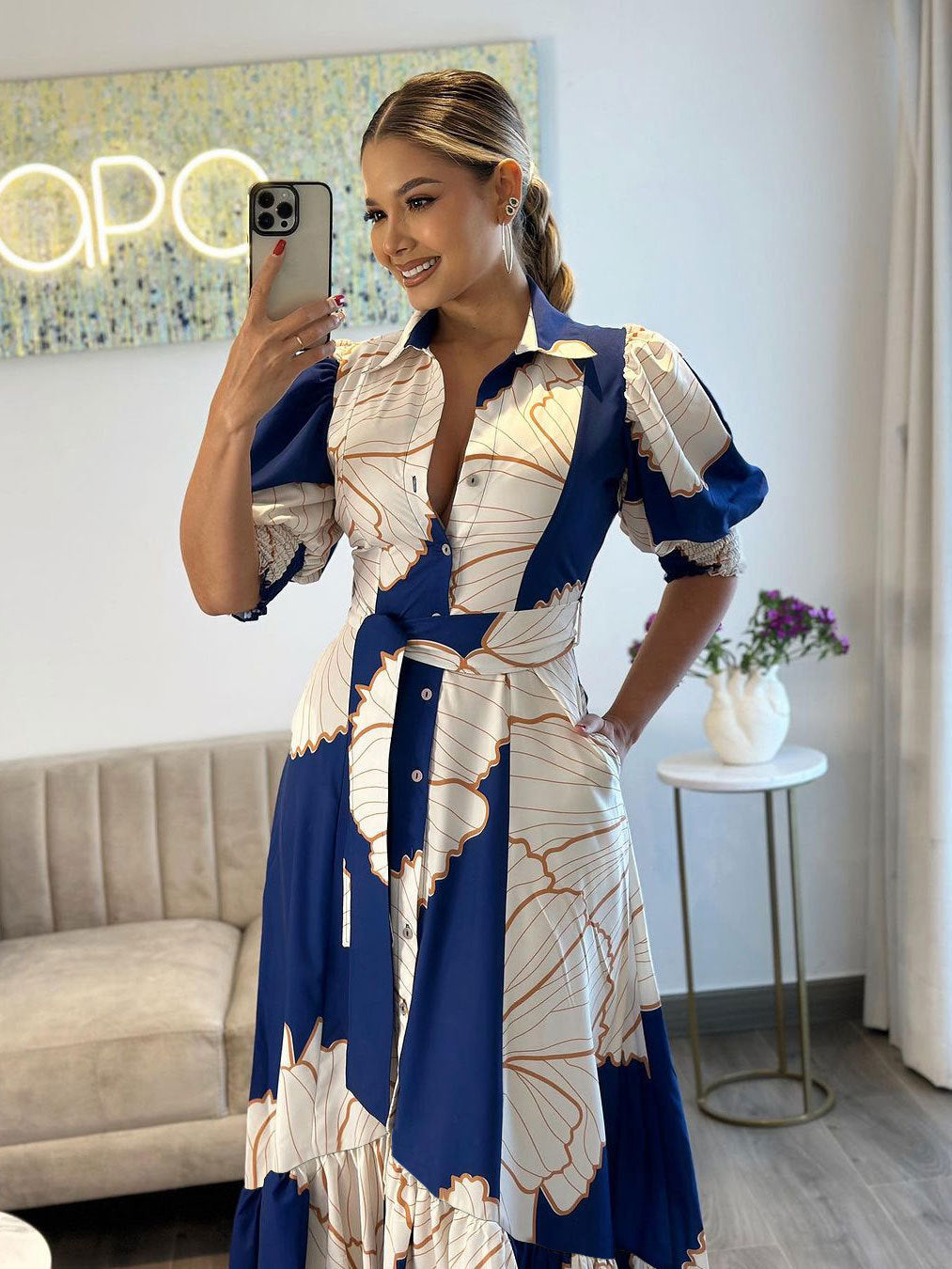 Irregular Asymmetric High Waist Elegant Shirt Cardigan Printed Dress Dress by Ragazza