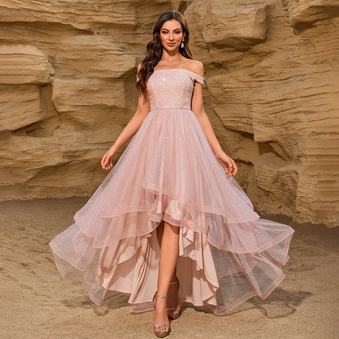 Summer Quality off Shoulder Sequin Stitching Mesh Irregular Asymmetric Multi Layer Evening Dress Party Mid Length Dress by Ragazza