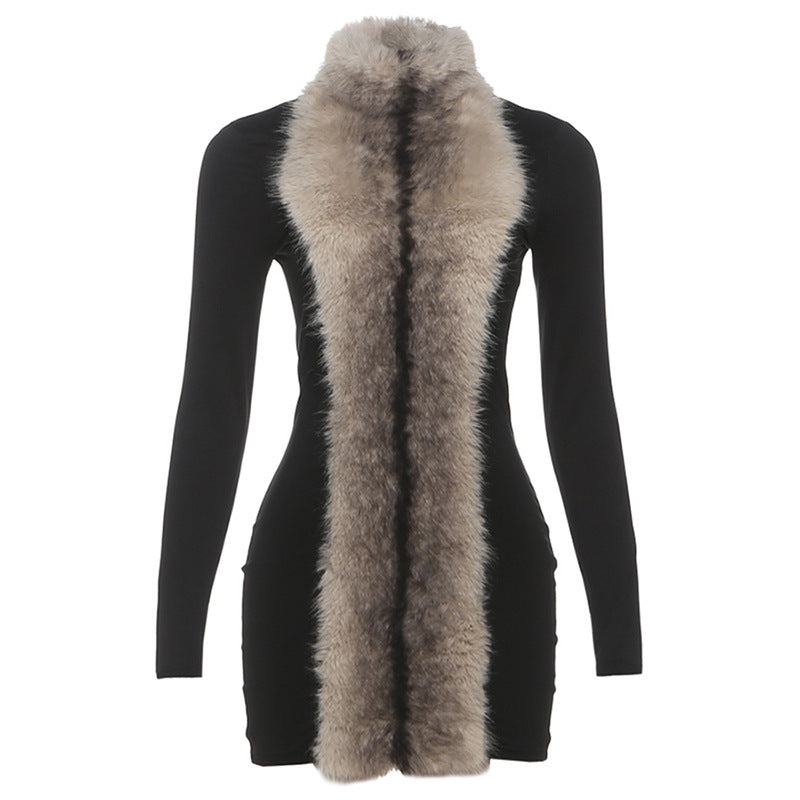 Autumn Winter Women Clothing Fashionable Elegant Sexy Slim Fit Sheath Stitching Fur Collar Dress for Women by Ragazza
