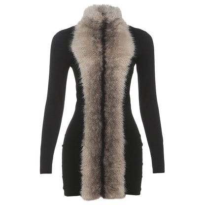 Autumn Winter Women Clothing Fashionable Elegant Sexy Slim Fit Sheath Stitching Fur Collar Dress for Women by Ragazza
