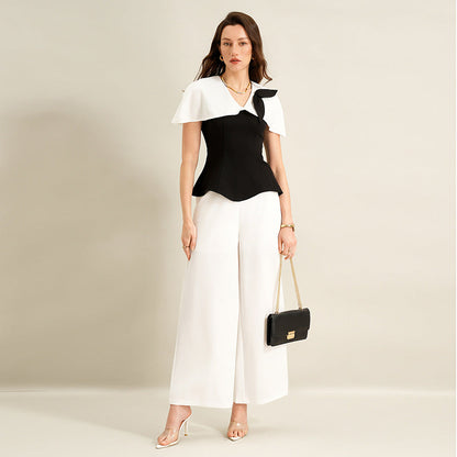 Shirt Long Twet Summer Elegant Office Black White Color Matching Women Clothing by Ragazza