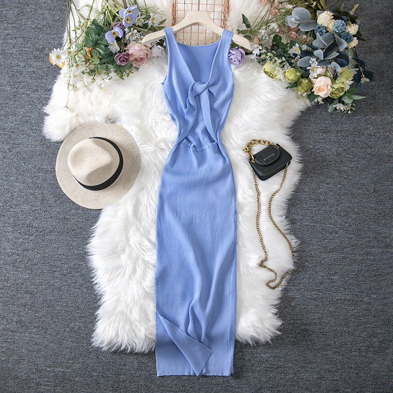 Women Clothing Summer Sexy Kinked Chest Flattering Machine Hollowed Reversible Knitted Dress by Ragazza