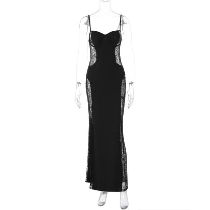 Stitching Lace Hollow Out Cutout out Cinched Slim Sexy Hip Spaghetti Straps Dress Women by Ragazza