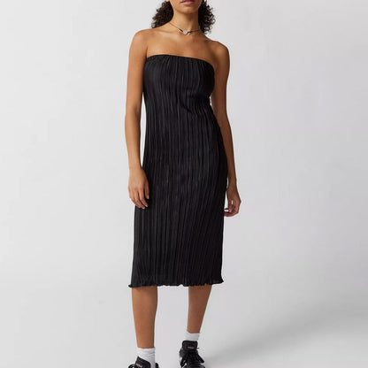 Solid Color Pleated Tube Top Backless Maxi Dress Summer Casual Loose Dress Women by Ragazza