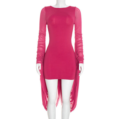 Women Clothing Autumn Solid Color Casual round Neck Backless Long Sleeves Ribbon Slim Short Dress  DestGlow