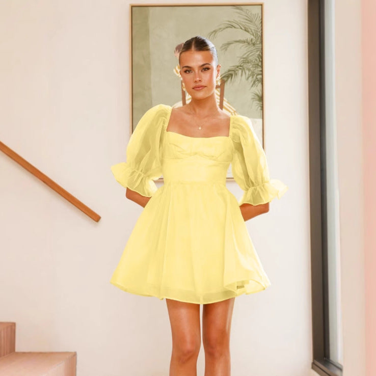 Organza Solid Color Retro Puff Sleeve Princess Dress Large Dress by Ragazza