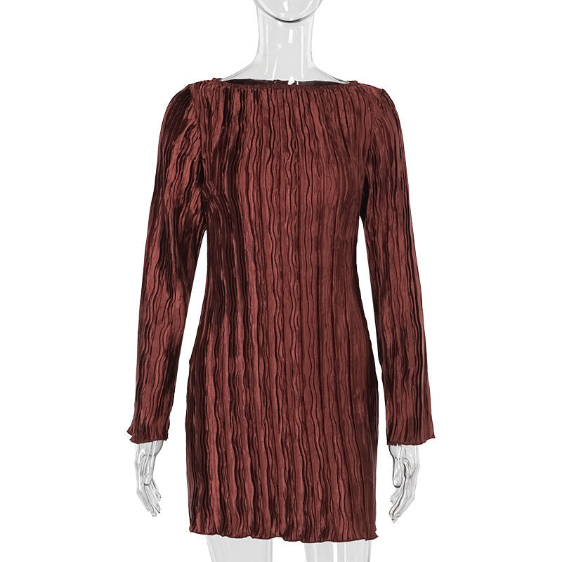 Autumn Elegant Slim Fit Texture Pleated Fabric Long Sleeve Dress Women by Ragazza