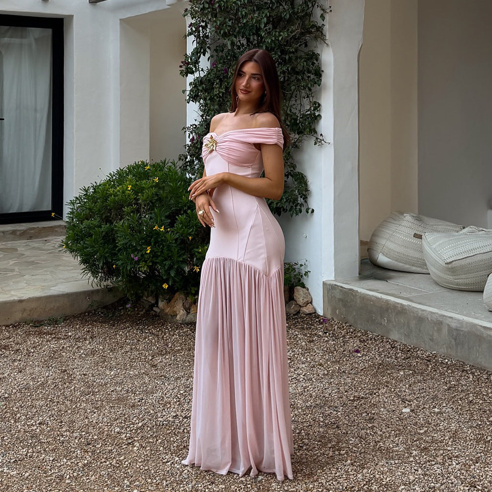 Elegant Tube Top Ladies Dress Sexy Mesh Stitching Backless Pleated Slim Fit Maxi Dress  DestGlow